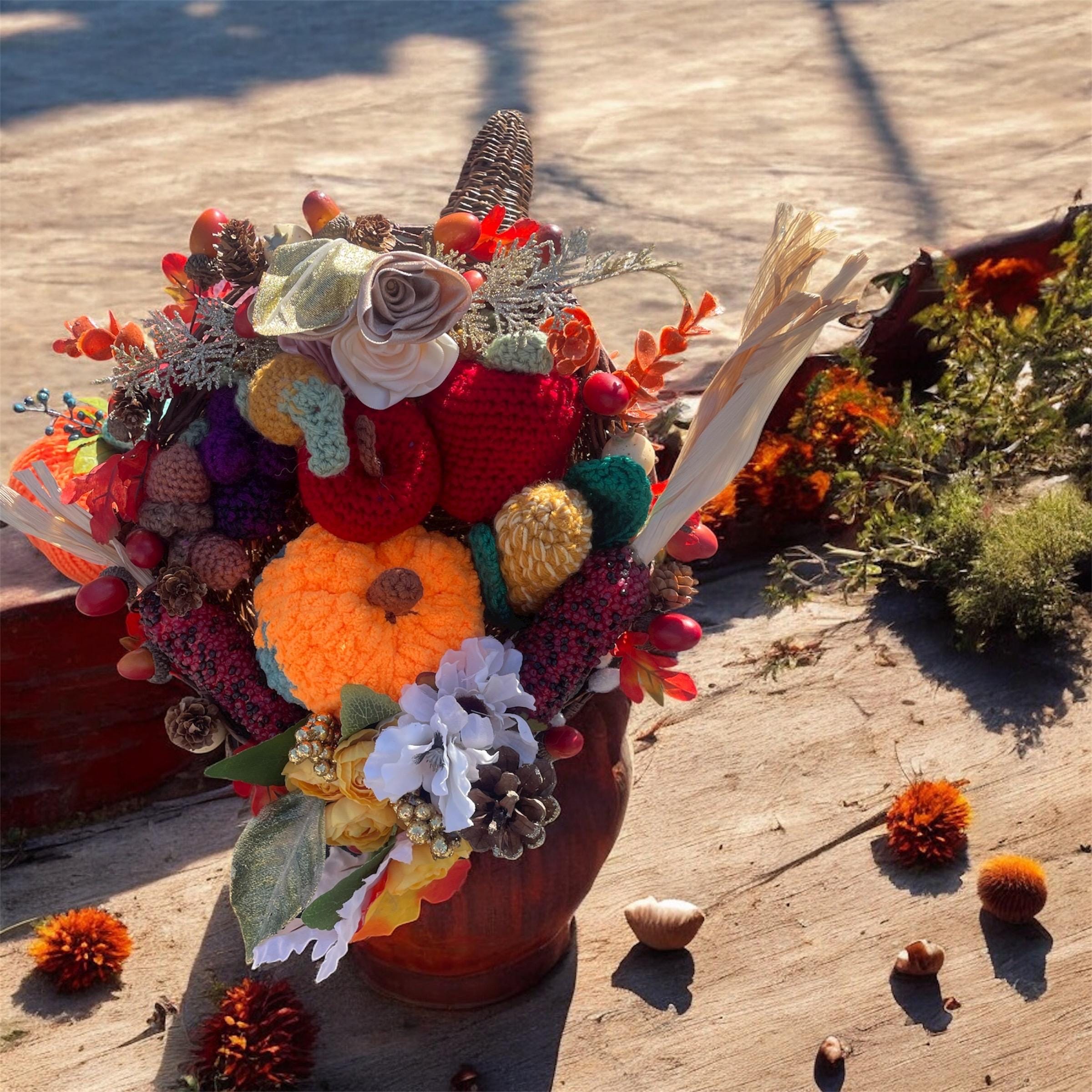 Handmade Crocheted Cornucopia with Infinity Flowers