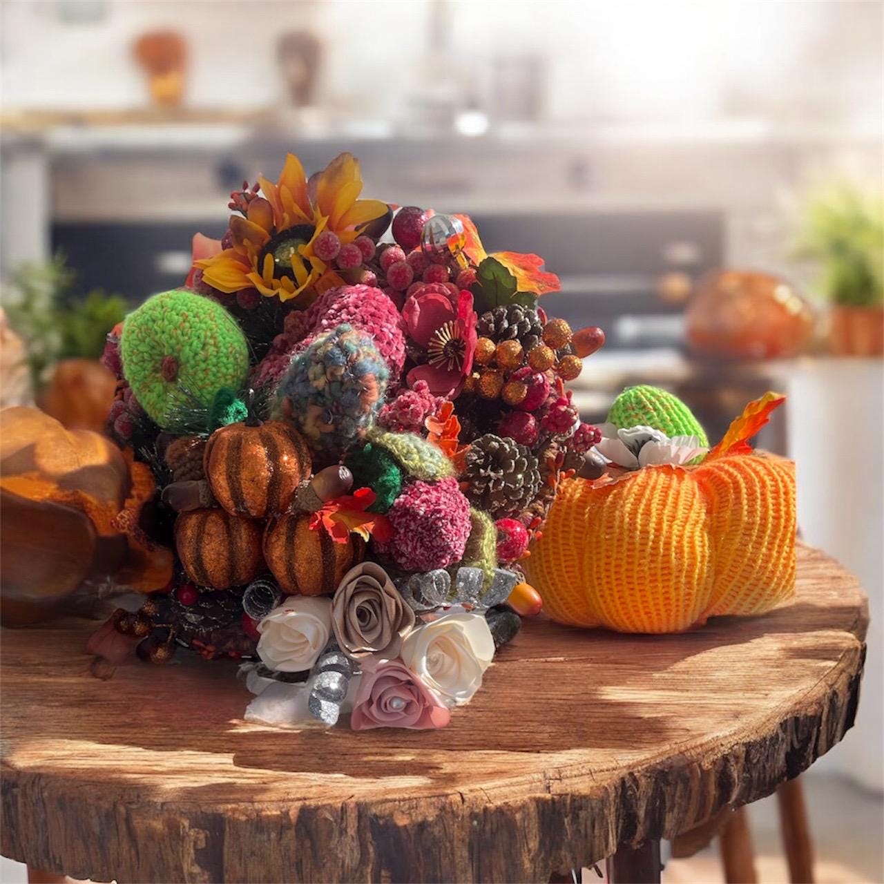 Handmade Crocheted Cornucopia with Infinity Flowers